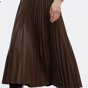 Vegan Leather Chocolate Brown Midi Pleated Skirt